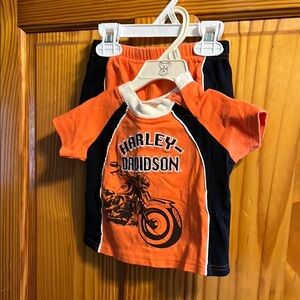 Harley-Davidson Baby Size 12 Months Orange and Black Shirt/Shorts Set